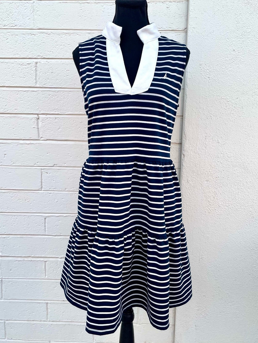 Nautica Navy White Stripe Sleeveless Dress Sz L Tiered Pockets Coastal Prep Polo